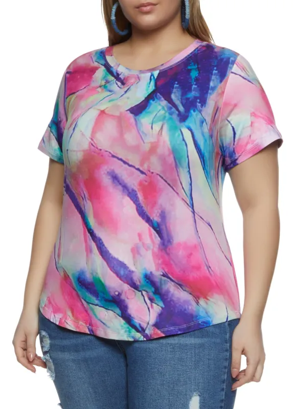 Plus Size Marble Print Rounded Hem Top made by Rainbow