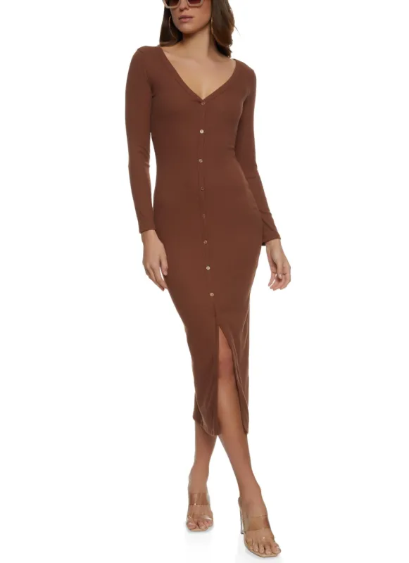 Ribbed Faux Button Front Maxi Dress sold by Rainbow