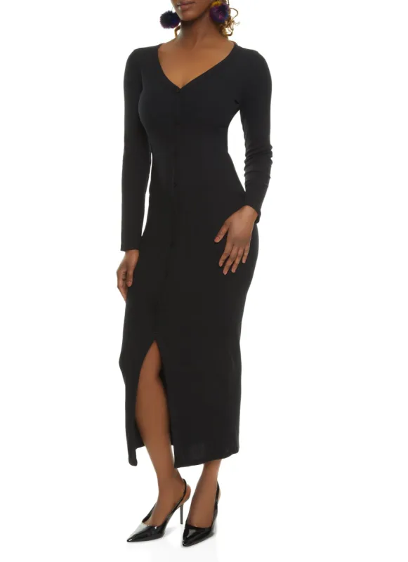 Ribbed Faux Button Front Maxi Dress sold by Rainbow