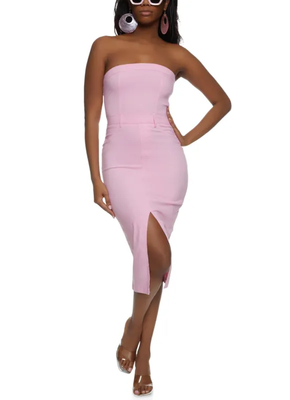 Strapless Front Slit Zip Back Midi Dress sold by Rainbow