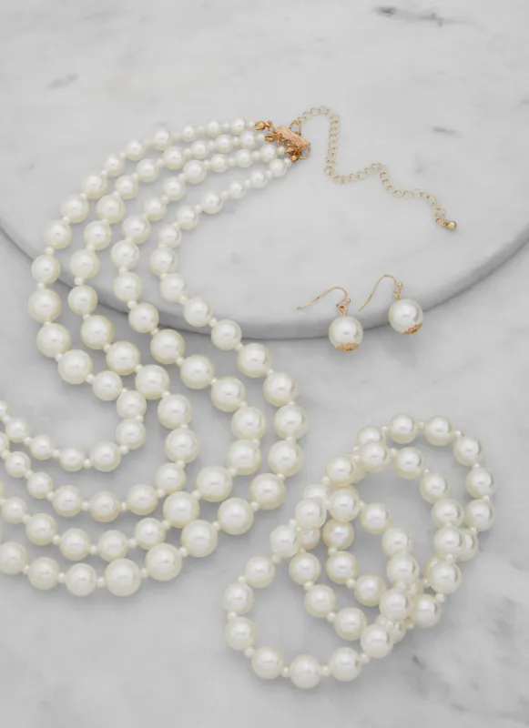 Layered Faux Pearl Necklace and Earrings with Bracelets Set sold by Rainbow