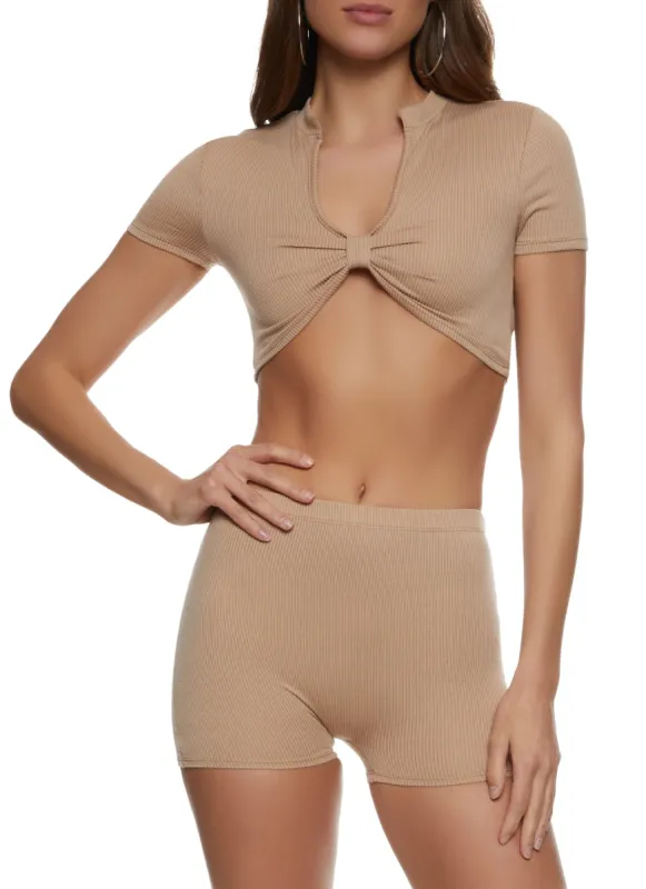 Ribbed Knot Front Crop Top and Shorts Set sold by Rainbow
