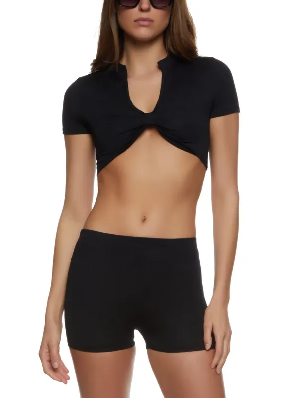 Ribbed Knot Front Crop Top and Shorts Set sold by Rainbow