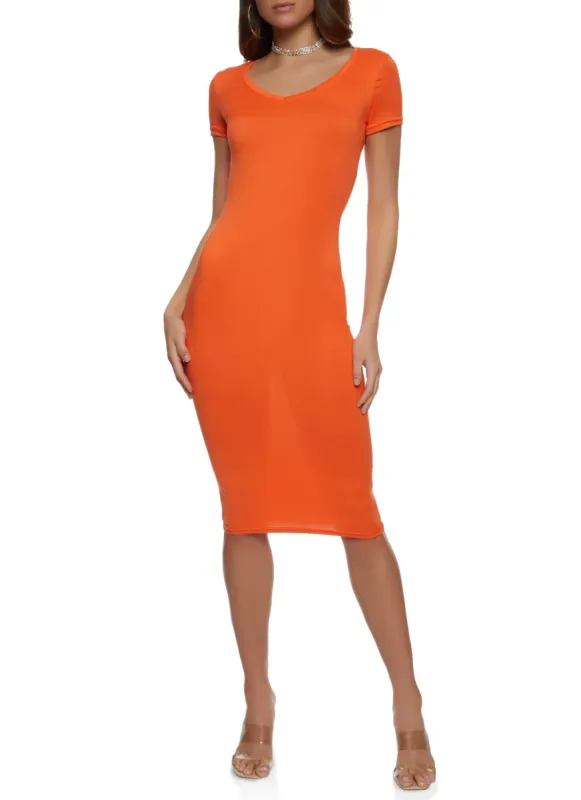 Solid V Neck Short Sleeve Midi Dress sold by Rainbow