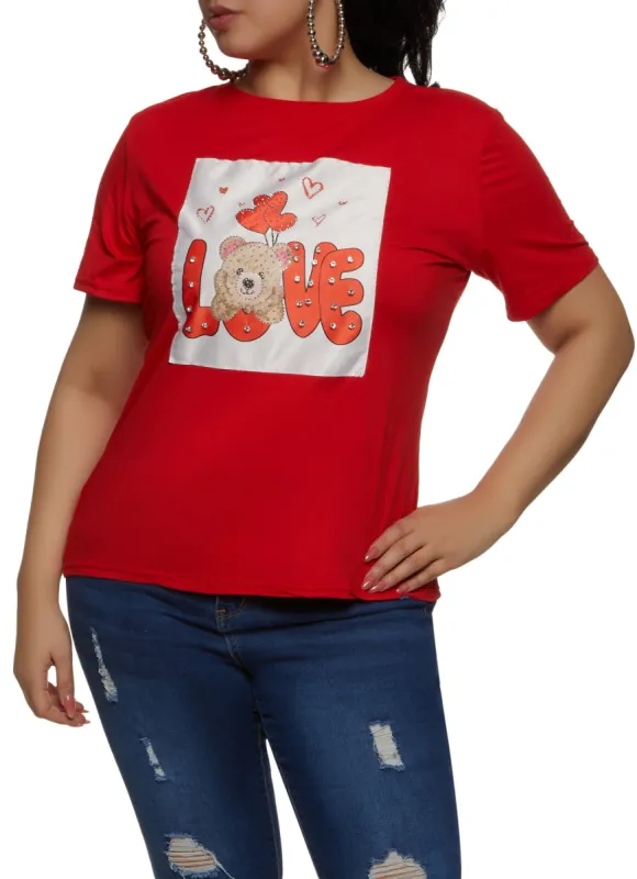 Plus Size Love Bear Rhinestone Graphic Patch Tee sold by Rainbow