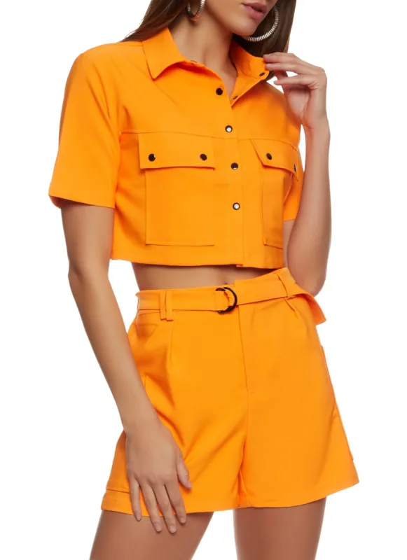 Crepe Knit Button Front Cropped Shirt sold by Rainbow