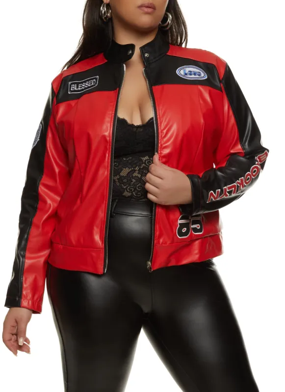 Plus Size Faux Leather Brooklyn Graphic Moto Jacket sold by Rainbow