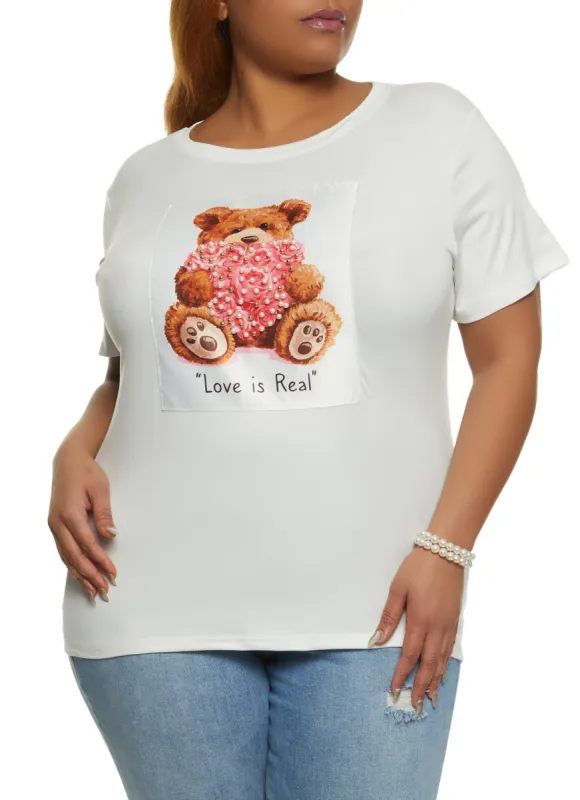 Plus Size Love Is Real Bear Graphic Patch Tee sold by Rainbow