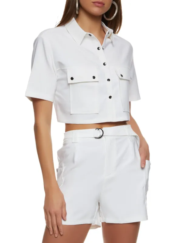 Crepe Knit Button Front Cropped Shirt sold by Rainbow