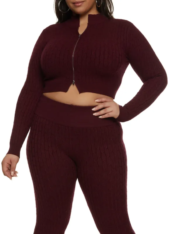Plus Size Cable Knit Zip Front Cropped Sweater made by Rainbow