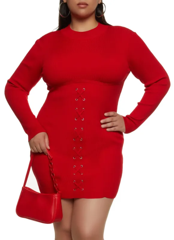 Plus Size Long Sleeve Lace Up Detail Mini Dress sold by Rainbow