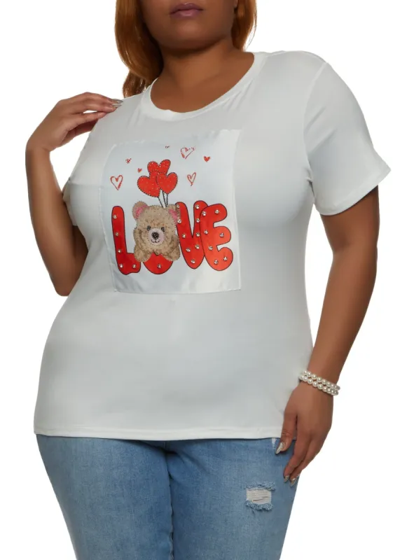 Plus Size Love Bear Rhinestone Graphic Patch Tee sold by Rainbow