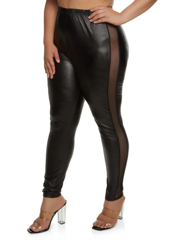 Plus Size Faux Leather Mesh Side Detail Leggings sold by Rainbow