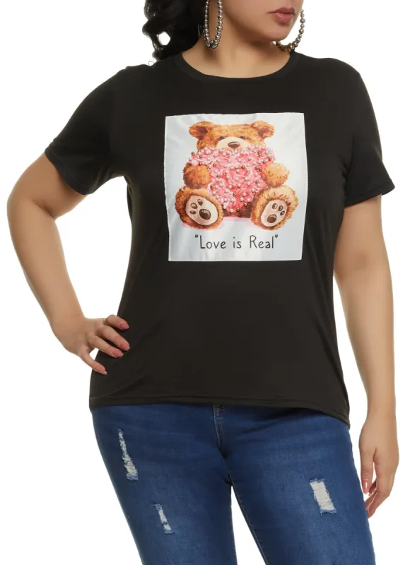 Plus Size Love Is Real Bear Graphic Patch Tee sold by Rainbow