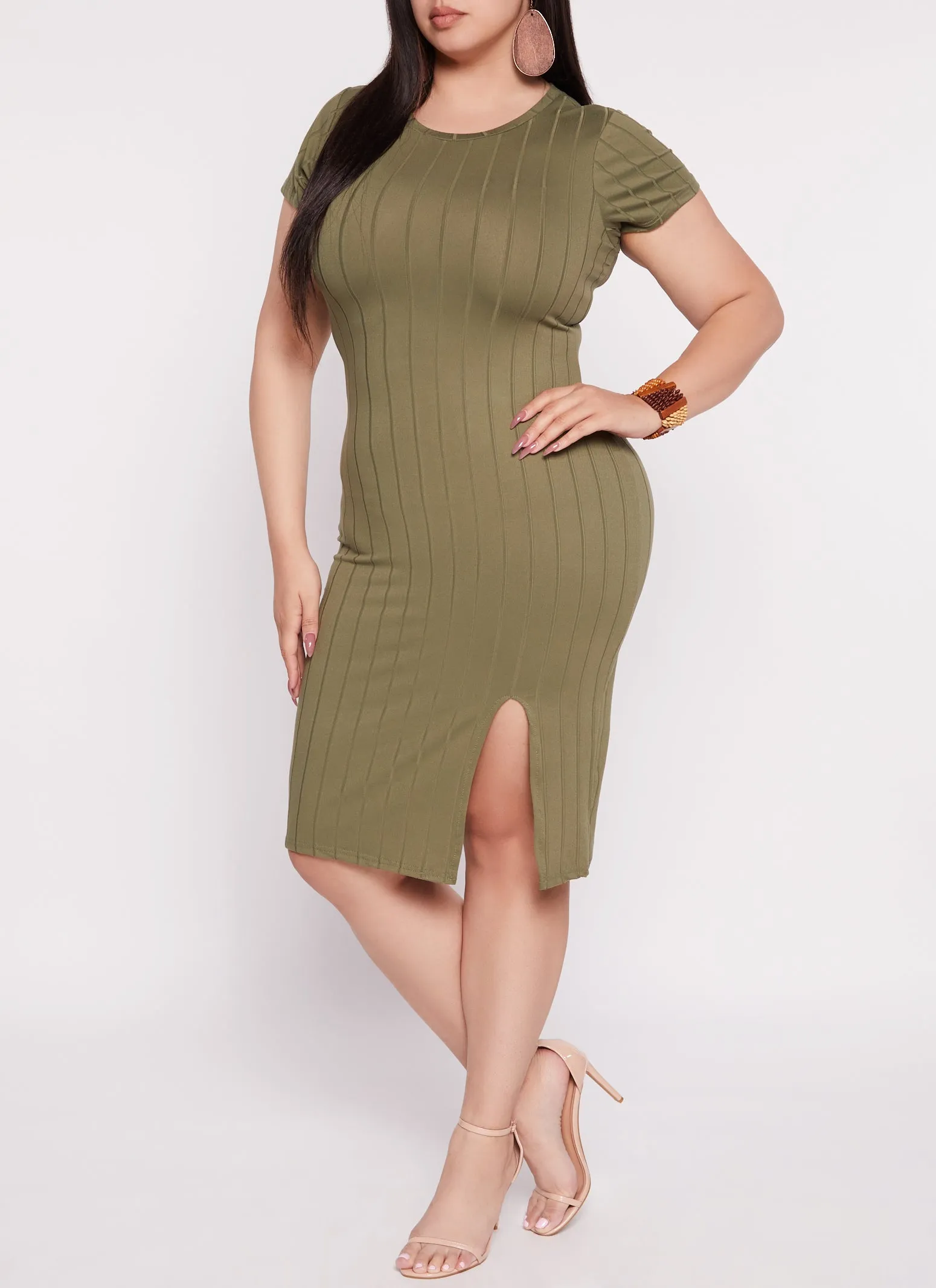 Plus Size Ribbed Knit Side Slit T Shirt Dress sold by Rainbow product image thumbnail 2