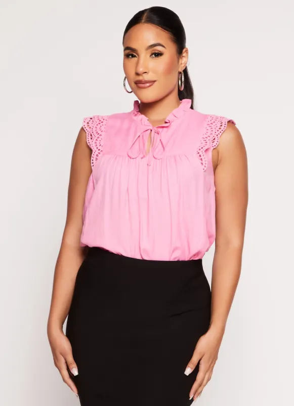 Gauze Knit Crochet Detail Tie Neck Blouse sold by Rainbow