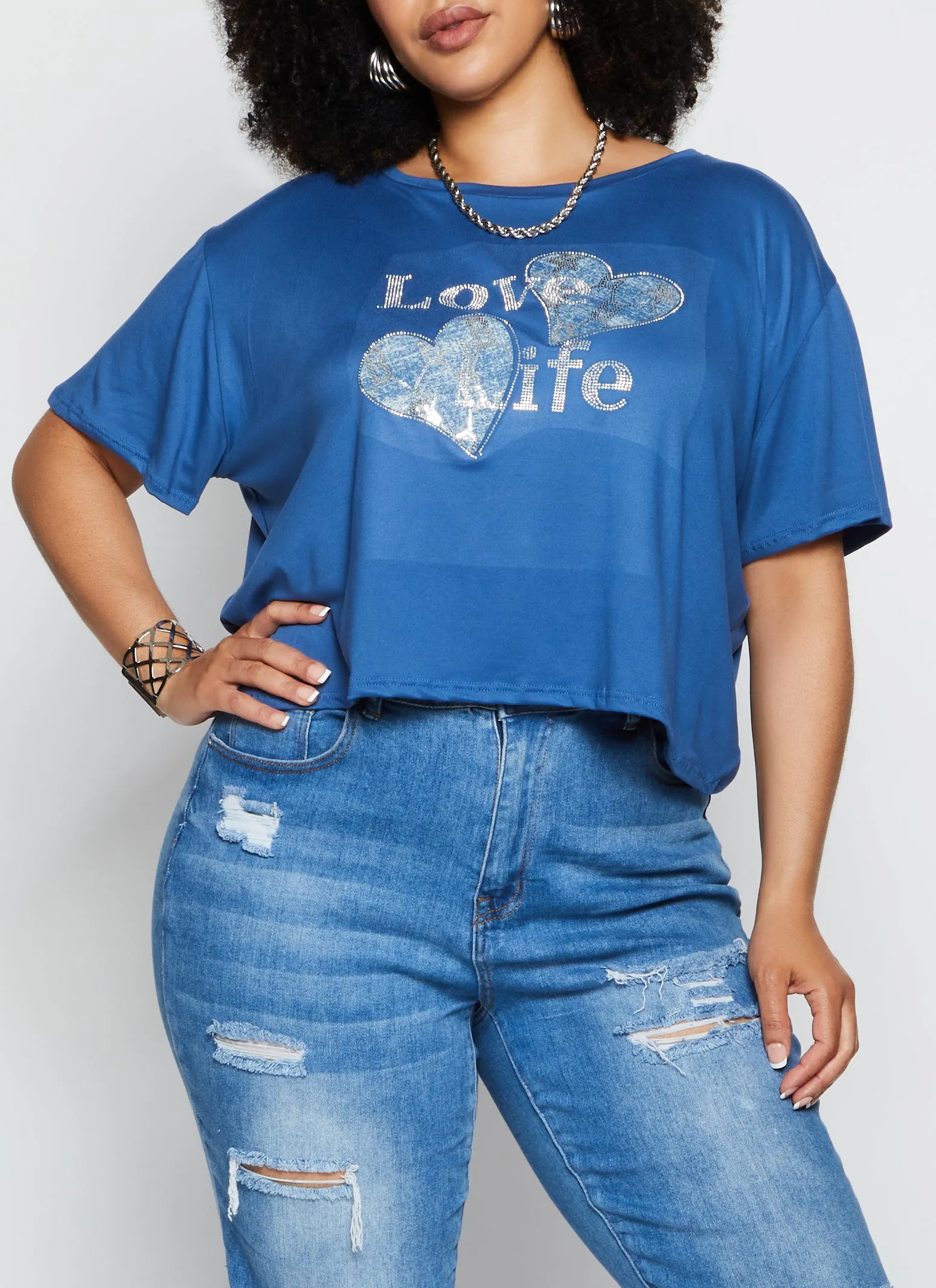 Plus Size Love Life Rhinestone Patch Graphic Tee sold by Rainbow