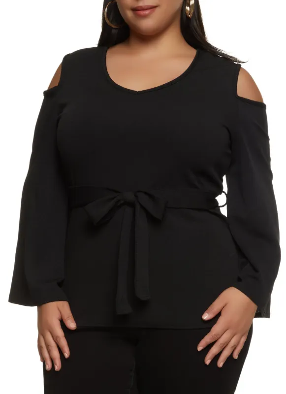 Plus Size Tie Waist Belted Cold Shoulder Blouse sold by Rainbow
