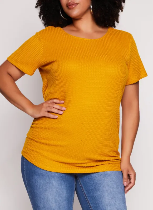 Plus Size Waffle Knit Crew Neck Ruched Tee sold by Rainbow