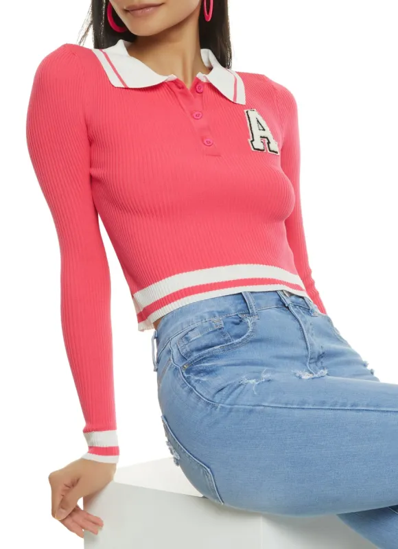 Chenille Graphic Patch Cropped Polo Sweater sold by Rainbow