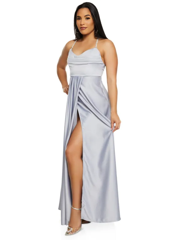 Haute Monde Rhinestone Strap Satin Maxi Dress sold by Rainbow