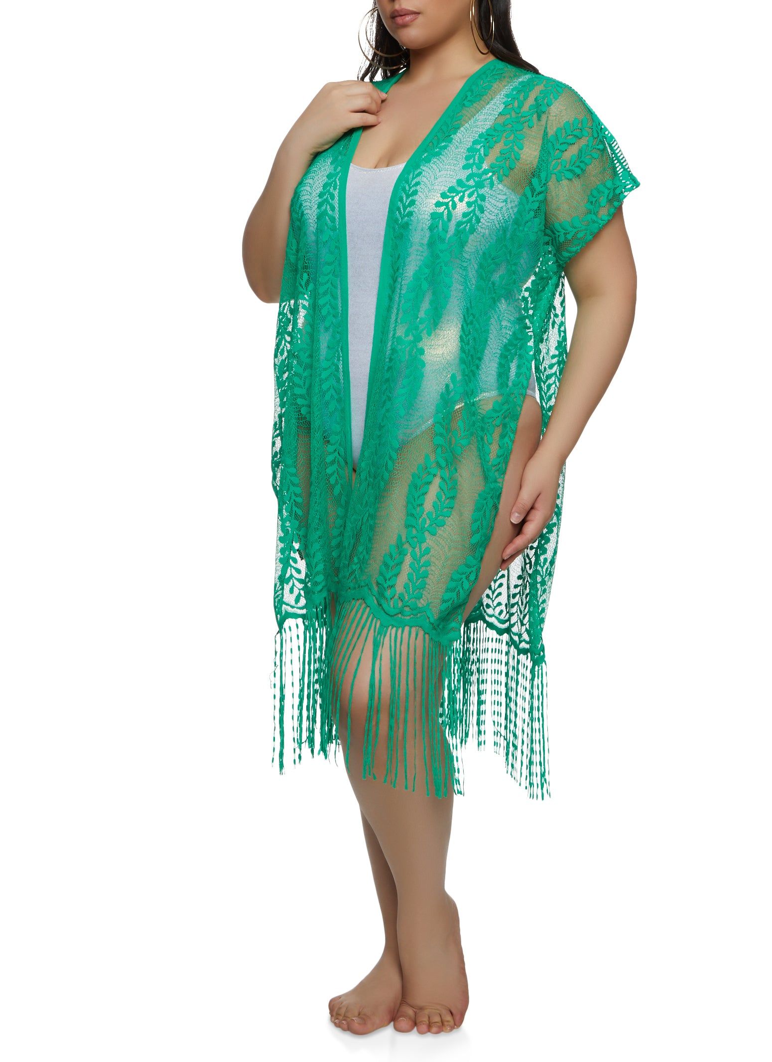 Leaf Patterned Fringed Cover Up Kimono sold by Rainbow