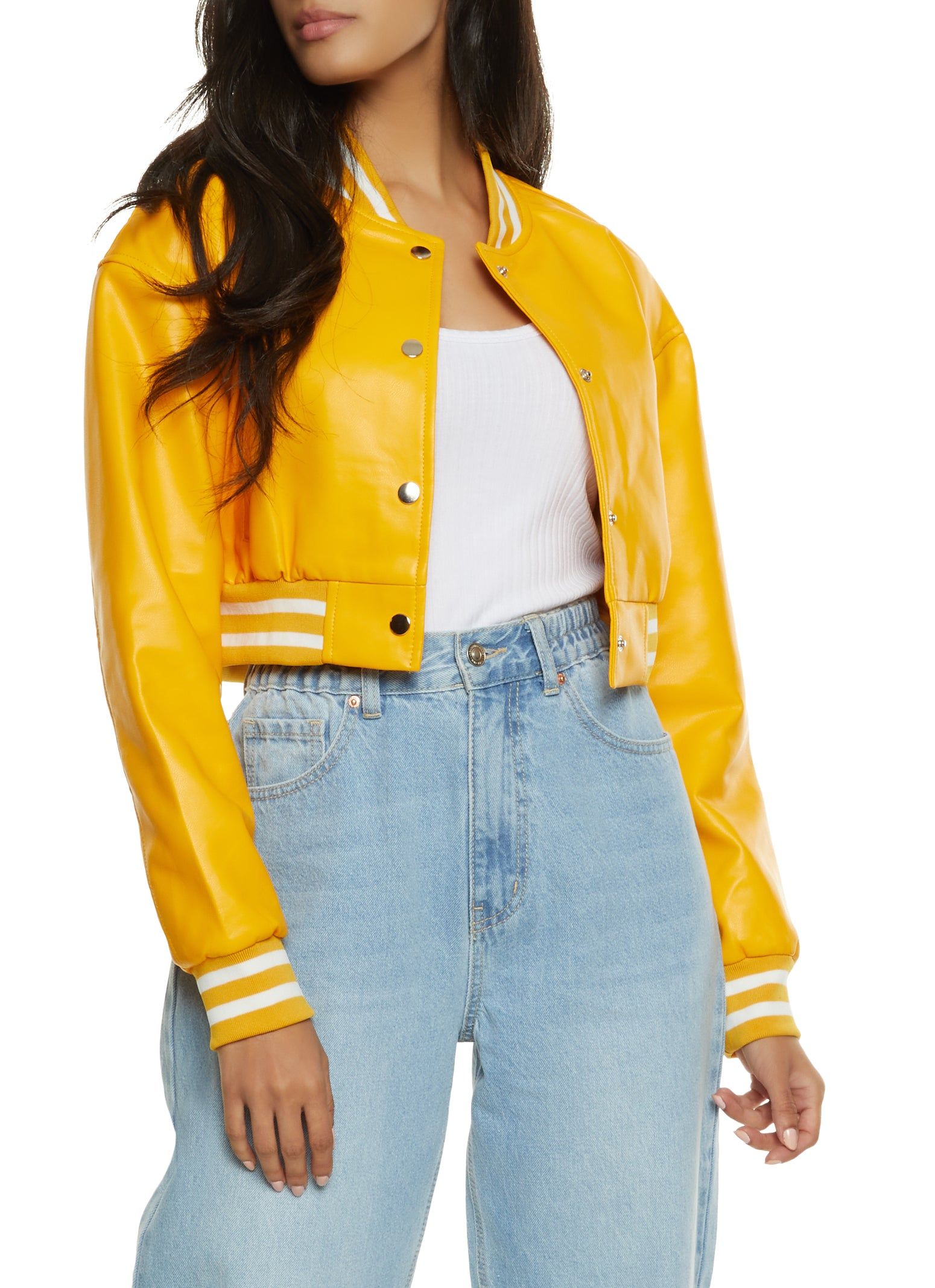 Faux Leather Cropped Baseball Jacket sold by Rainbow