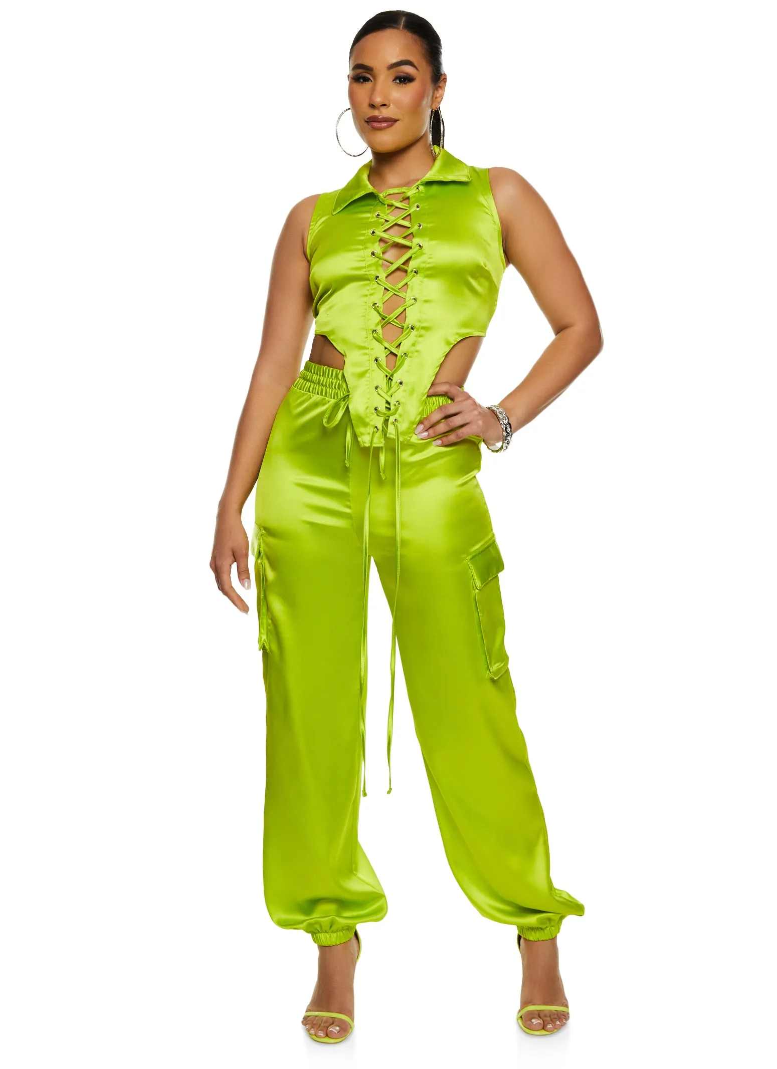 Satin Lace Up Collared Crop Top sold by Rainbow product image thumbnail 2