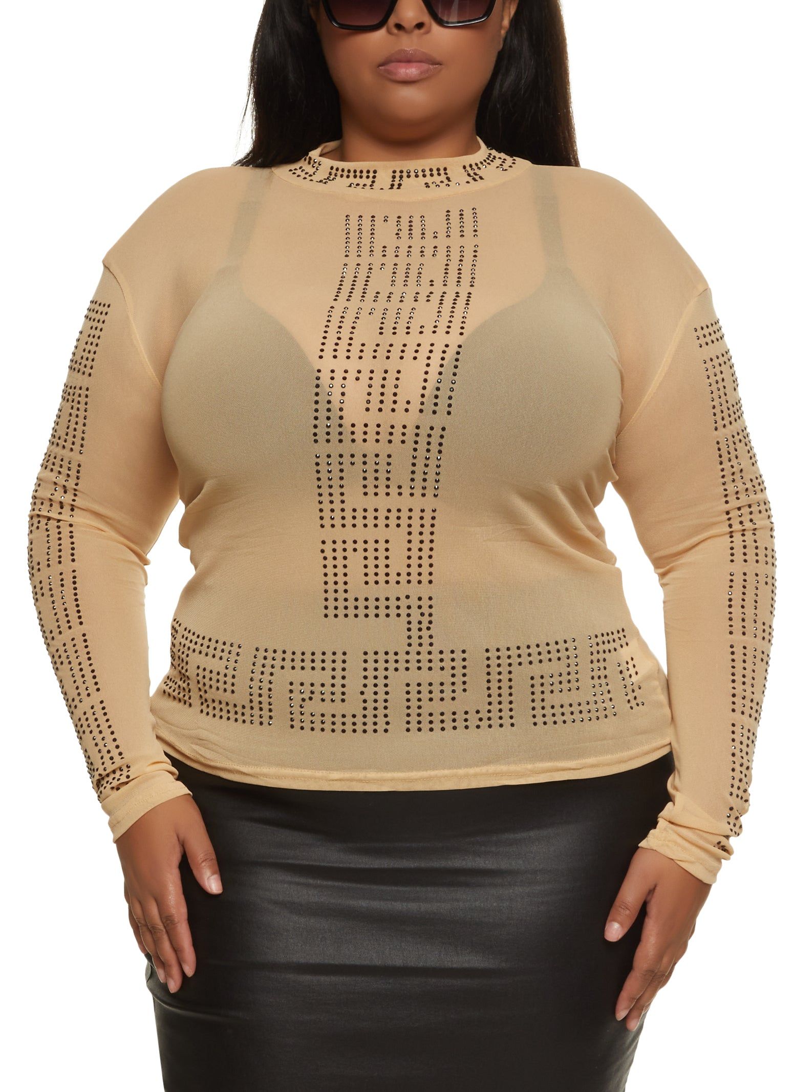 Plus Size Rhinestone Greek Key Sheer Top sold by Rainbow