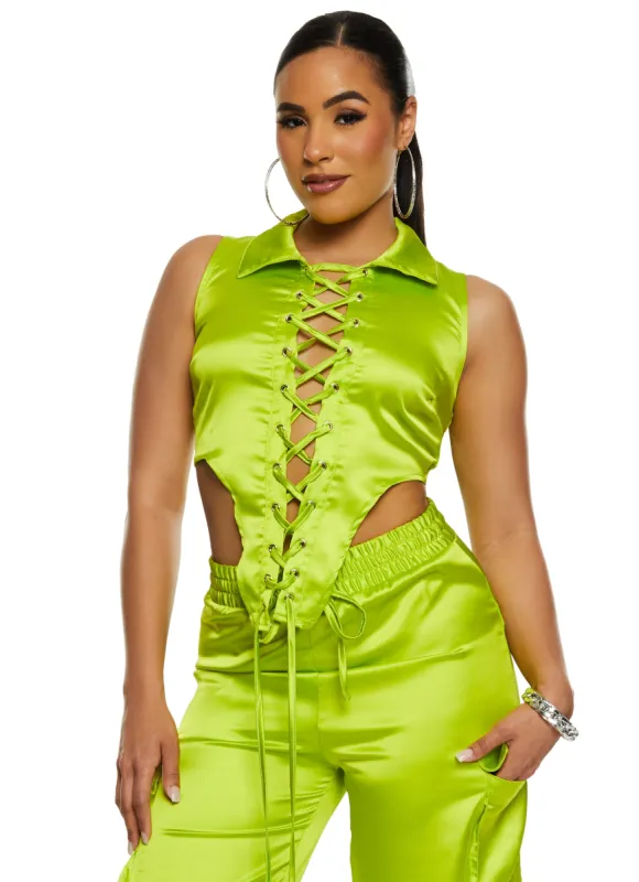 Satin Lace Up Collared Crop Top sold by Rainbow