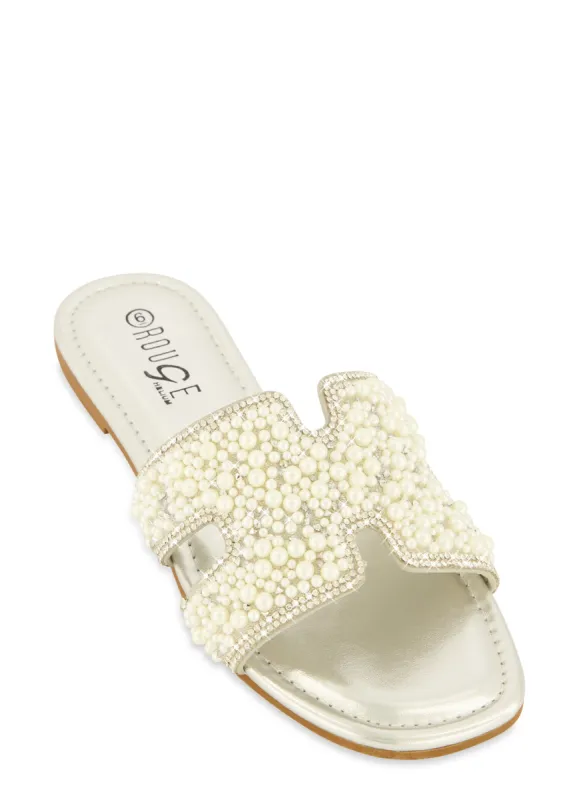 Faux Pearl Rhinestone H Band Slide Sandals sold by Rainbow