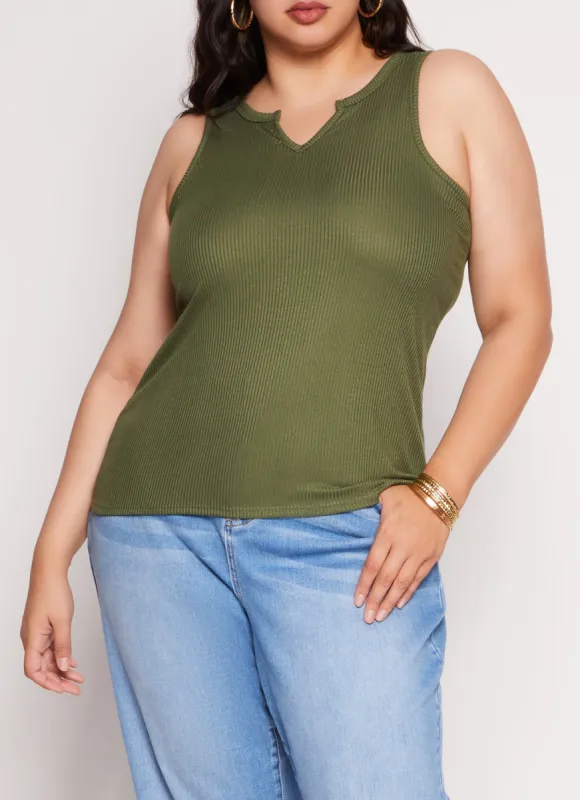 Plus Size Rib Knit Notch Neck Tank Top sold by Rainbow
