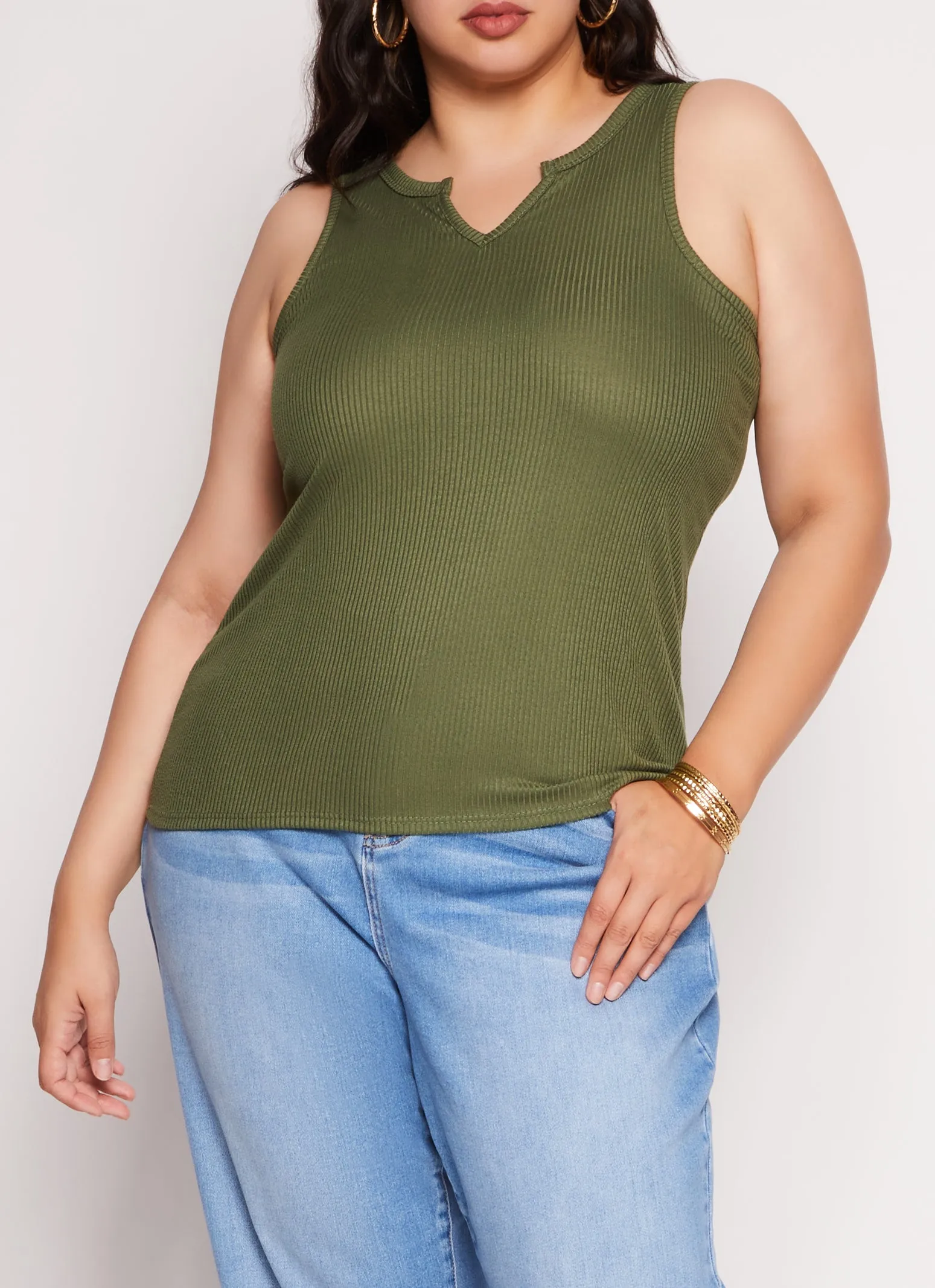 Plus Size Rib Knit Notch Neck Tank Top sold by Rainbow
