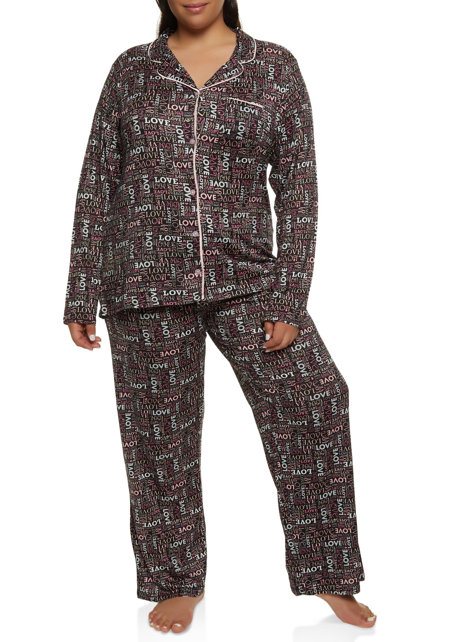 Plus Size Love Print Long Sleeve Pajama Shirt and Pants sold by Rainbow