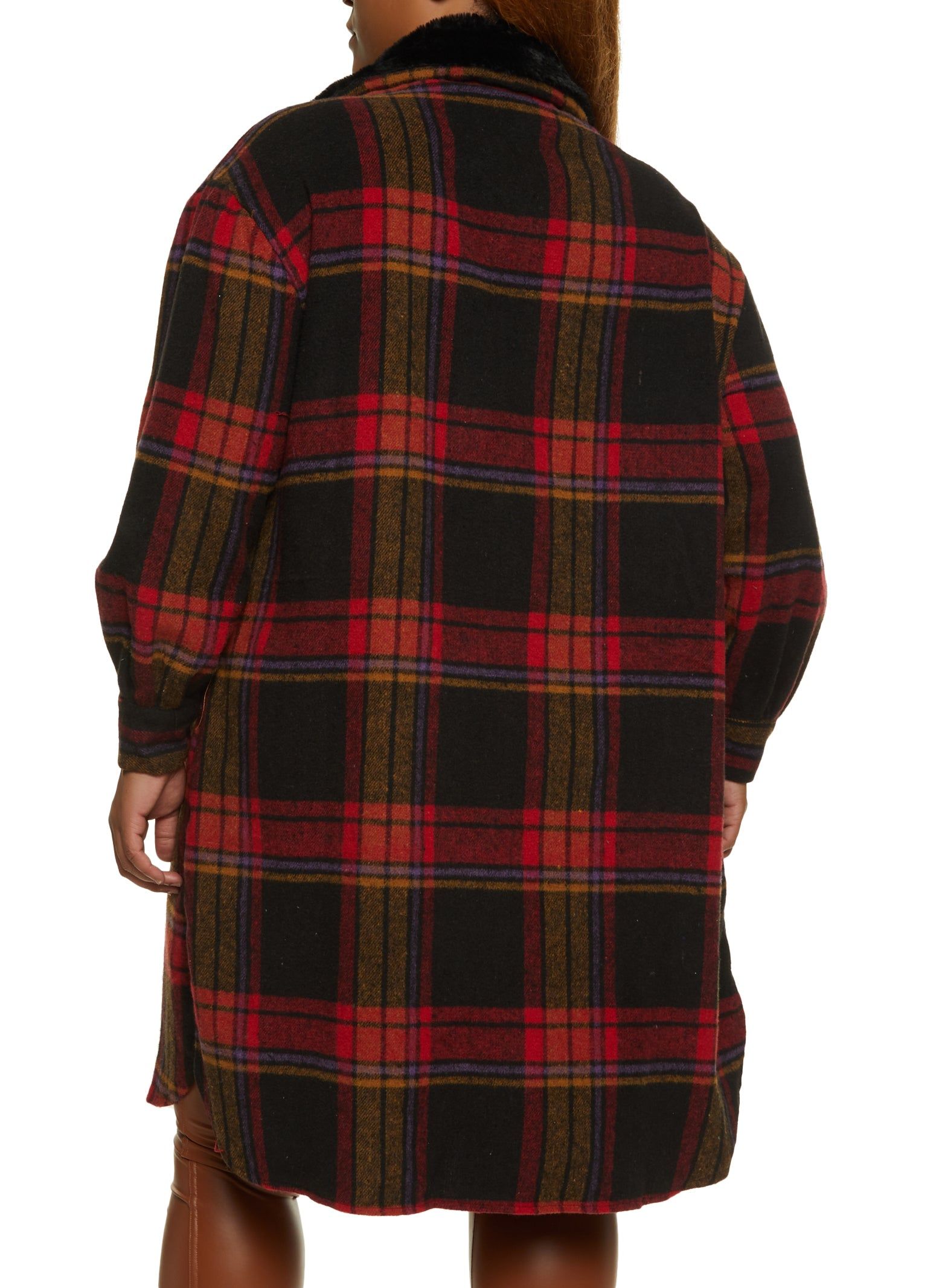 Plus Size Faux Fur Collar Plaid Print Shacket sold by Rainbow product image thumbnail 3