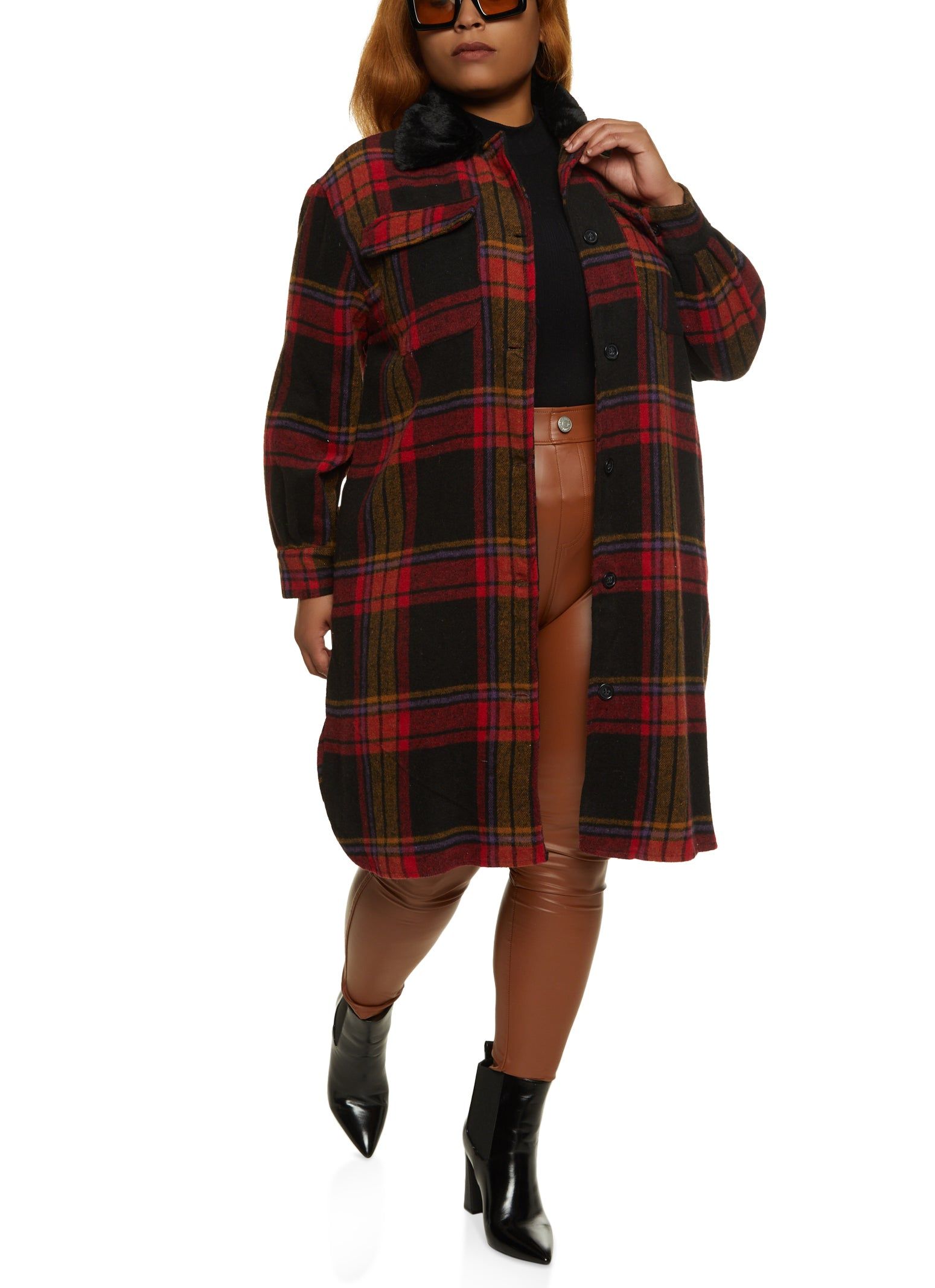 Plus Size Faux Fur Collar Plaid Print Shacket sold by Rainbow product image thumbnail 2