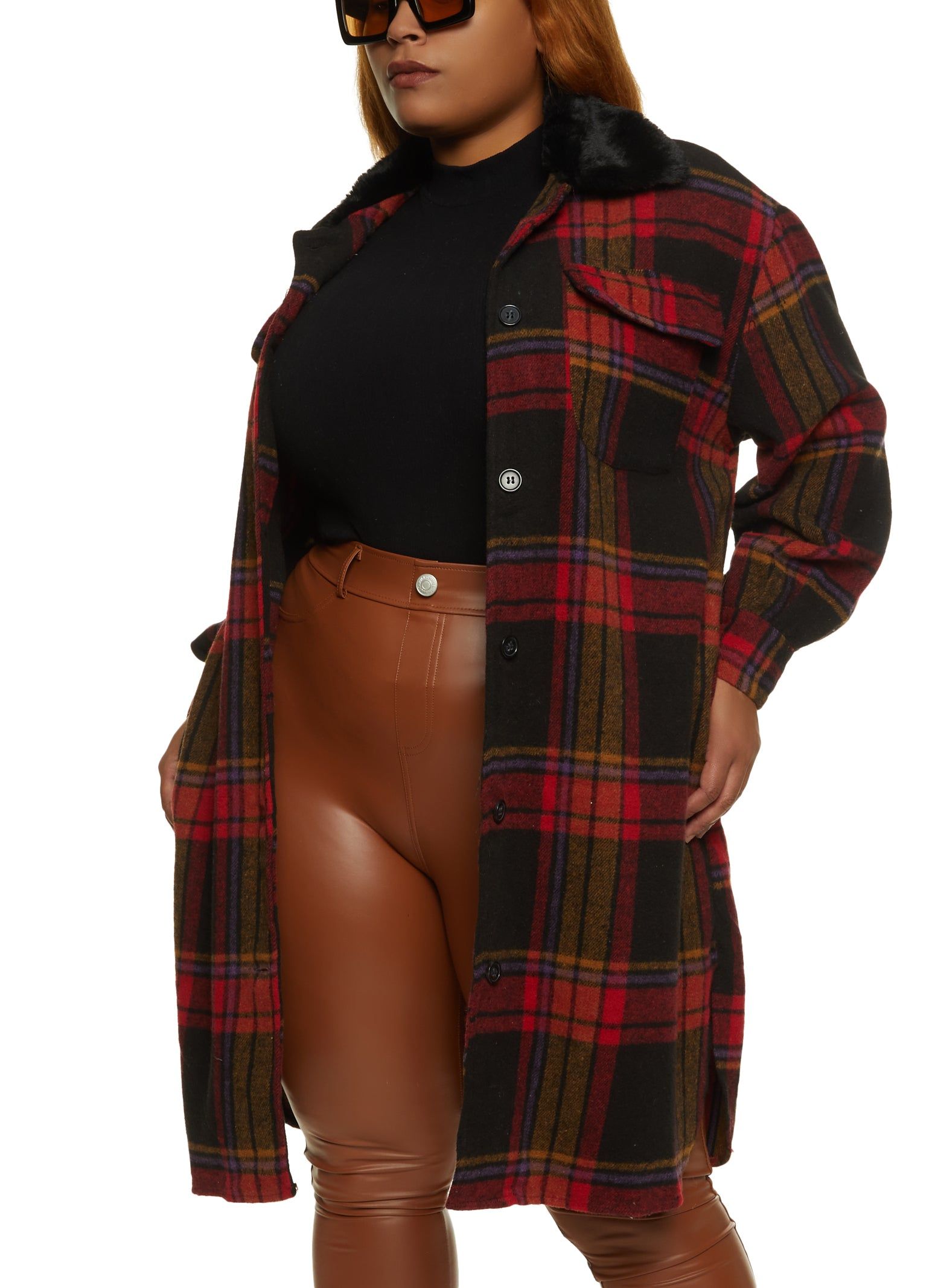 Plus Size Faux Fur Collar Plaid Print Shacket sold by Rainbow