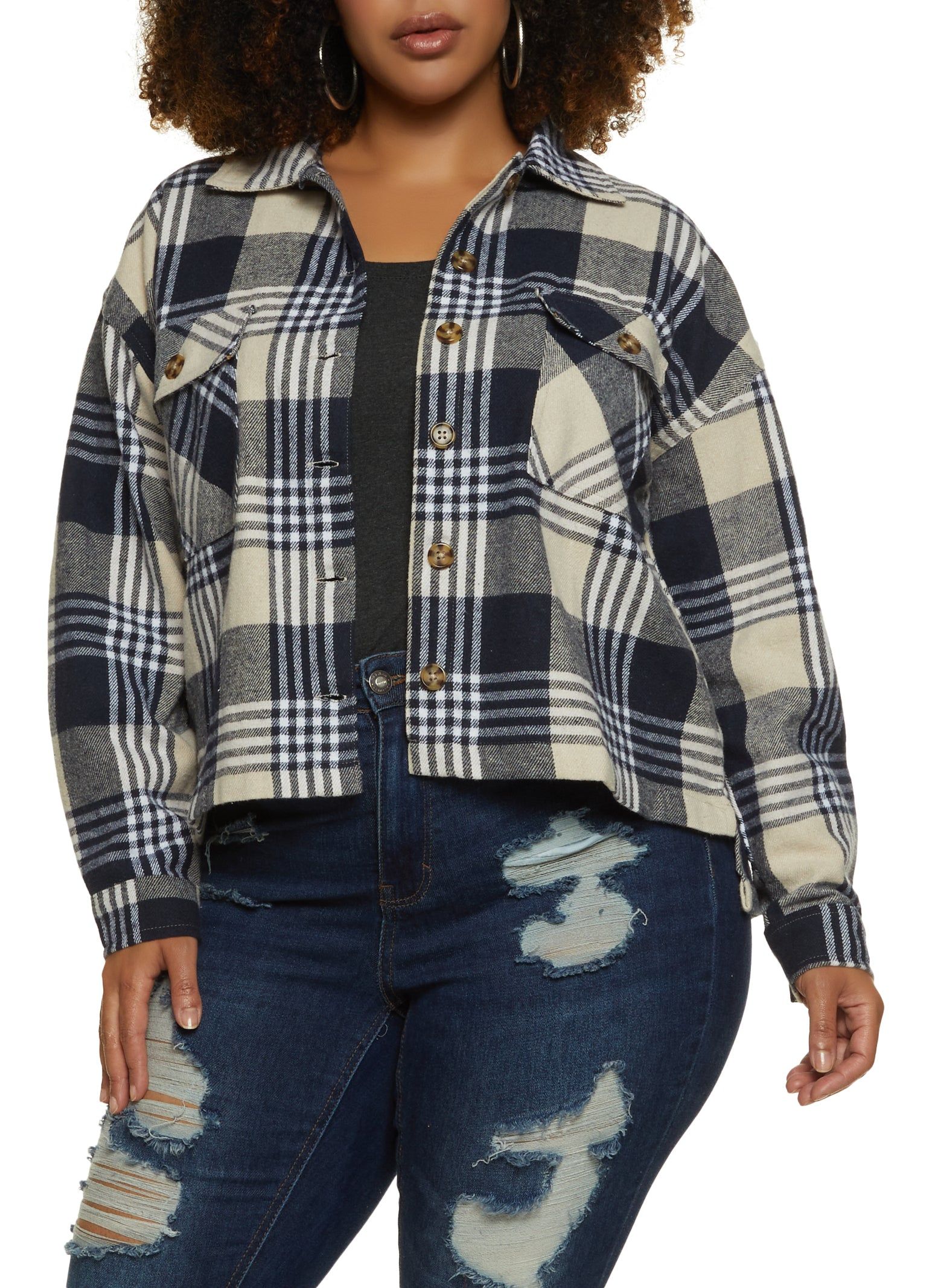 Plus Size Plaid Brushed Knit Cropped Shacket sold by Rainbow