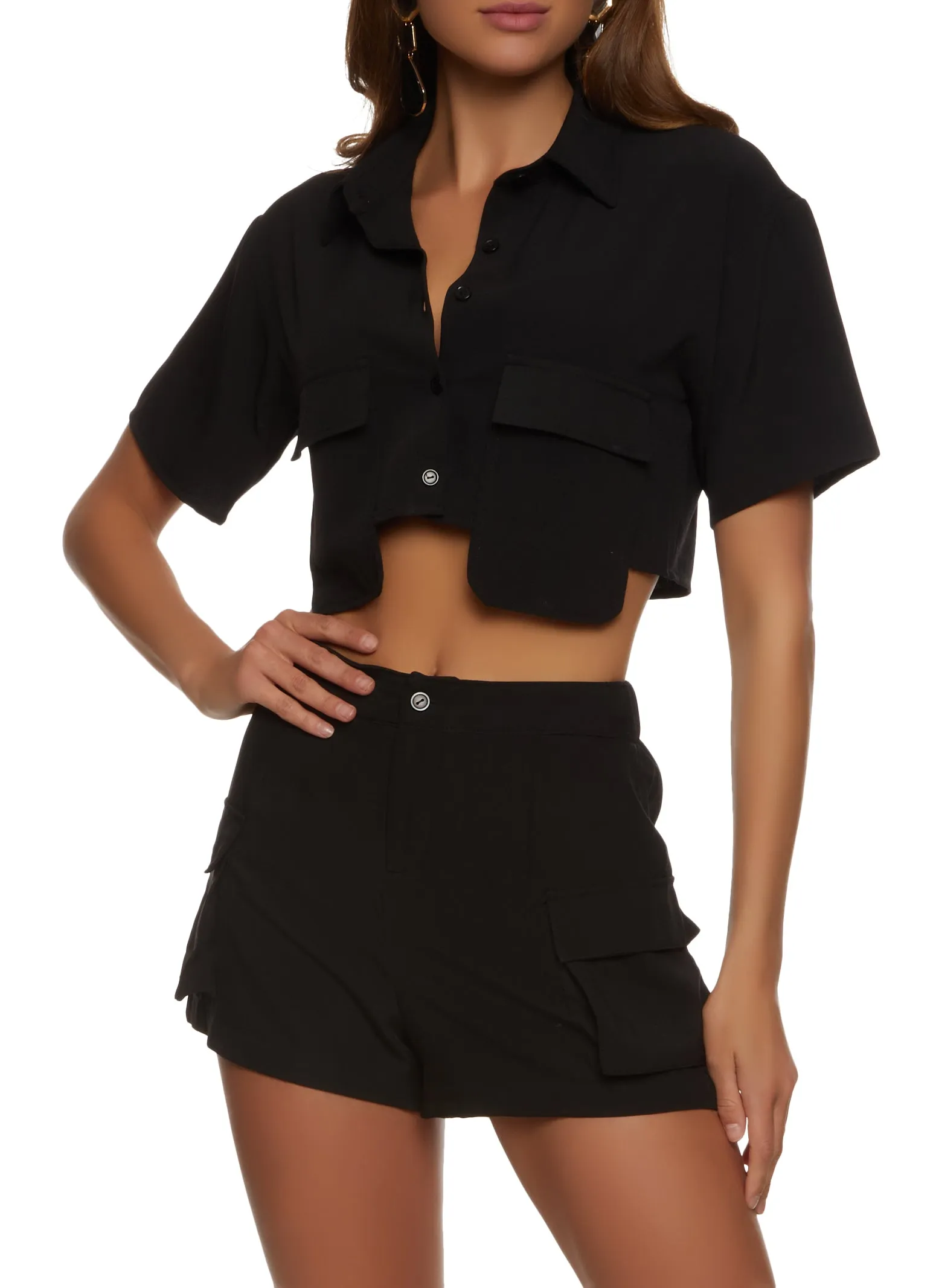 Crepe Knit Cargo Pocket Cropped Shirt sold by Rainbow product image thumbnail 2