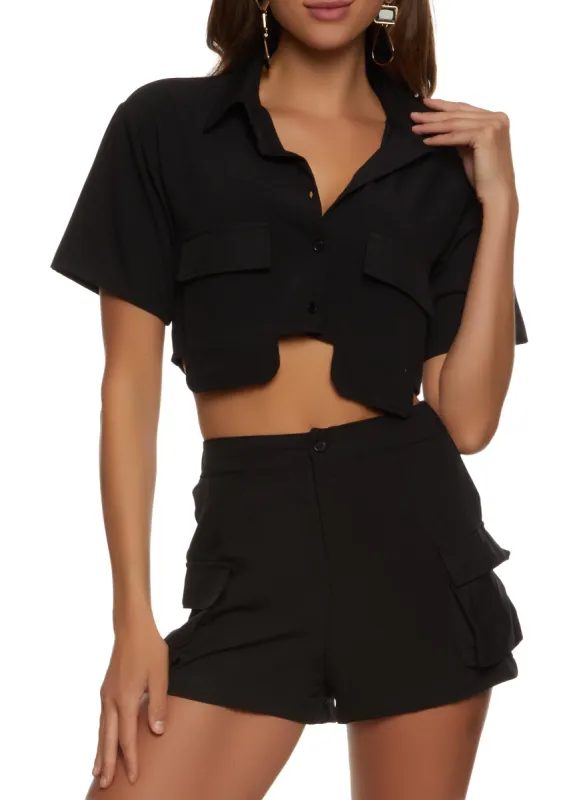 Crepe Knit Cargo Pocket Cropped Shirt sold by Rainbow