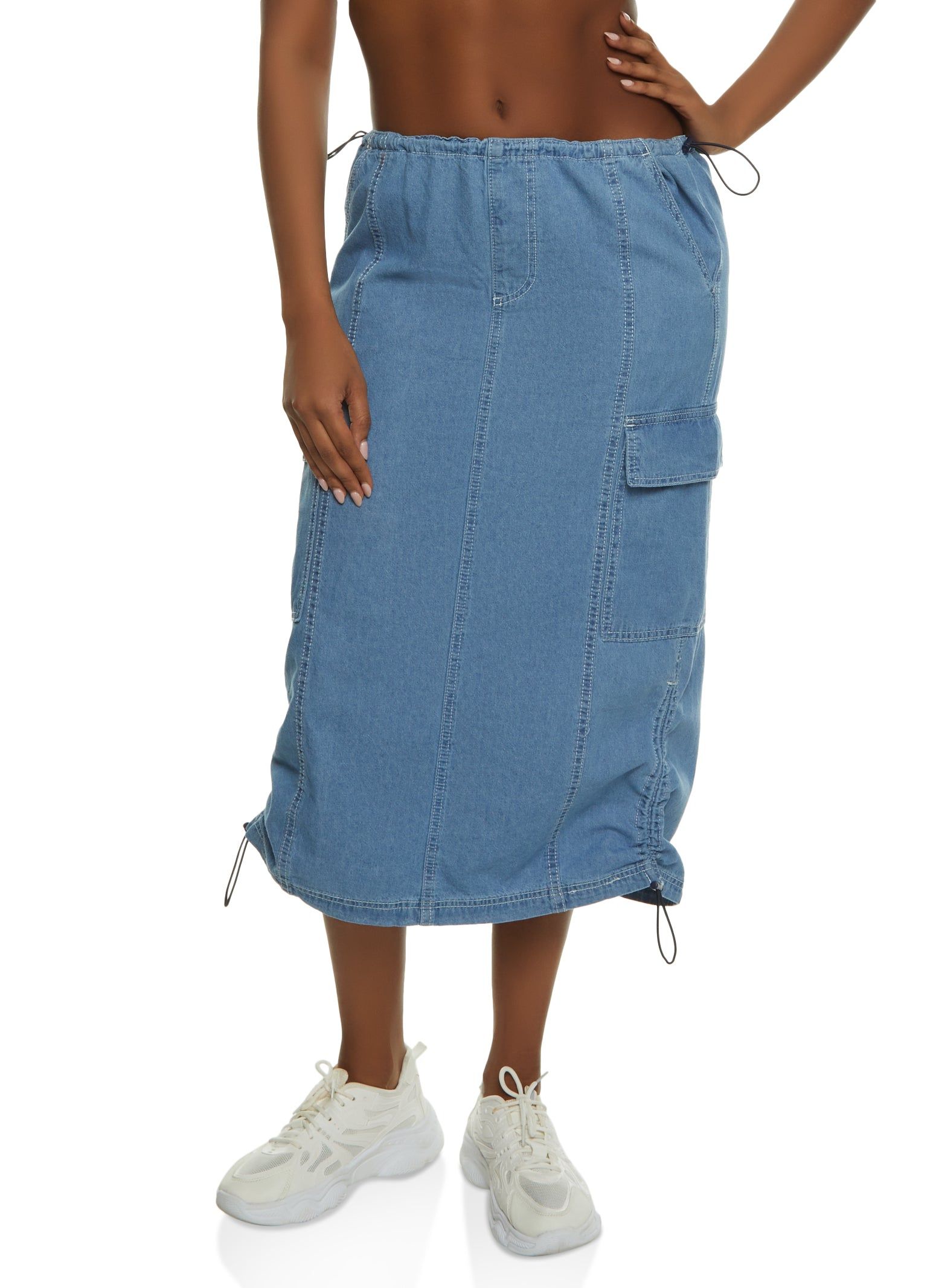 Almost Famous Toggle Drawstring Hem Denim Cargo Skirt sold by Rainbow