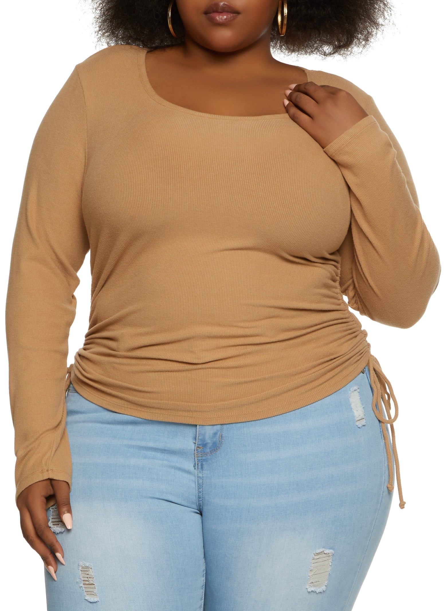 Plus Size Ribbed Knit Ruched Scoop Neck Long Sleeve Top sold by Rainbow
