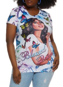 Plus Size Butterfly Print Blessed Queen Graphic Tee sold by Rainbow