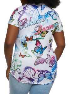 Plus Size Butterfly Print Blessed Queen Graphic Tee sold by Rainbow