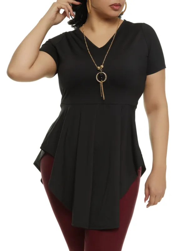 Plus Size Hanky Hem Peplum Top with Necklace sold by Rainbow