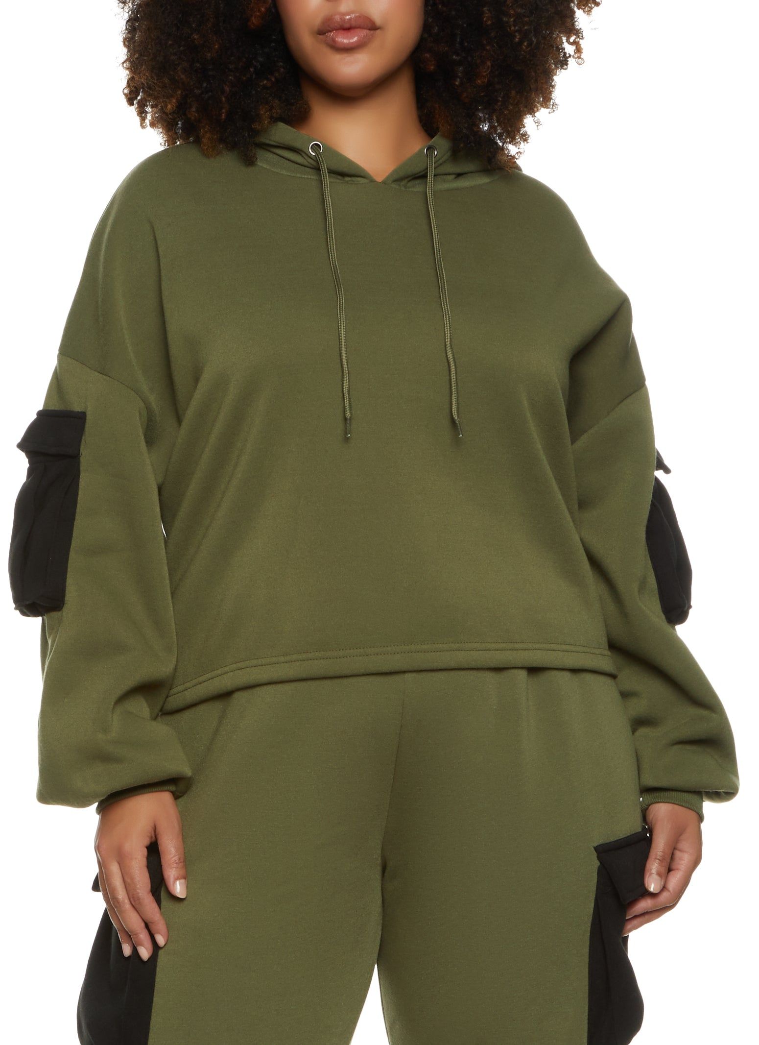 Plus Size Color Block Cargo Pocket Cropped Hoodie sold by Rainbow