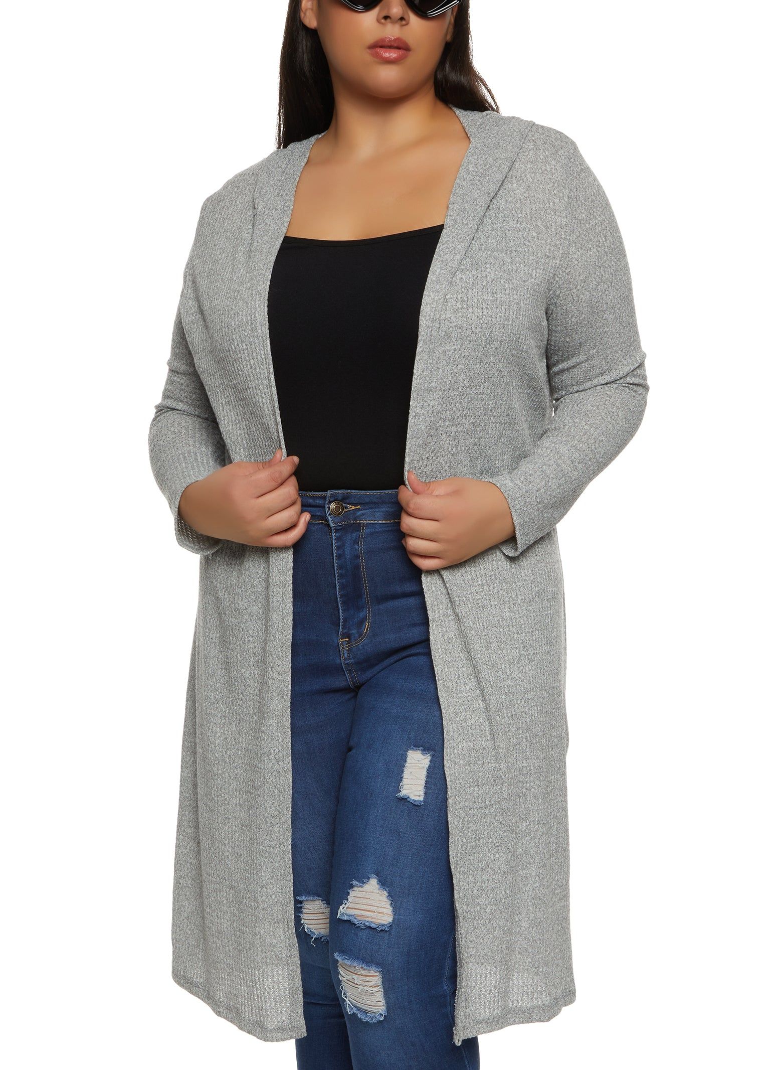 Plus Size Waffle Knit Hooded Long Cardigan sold by Rainbow