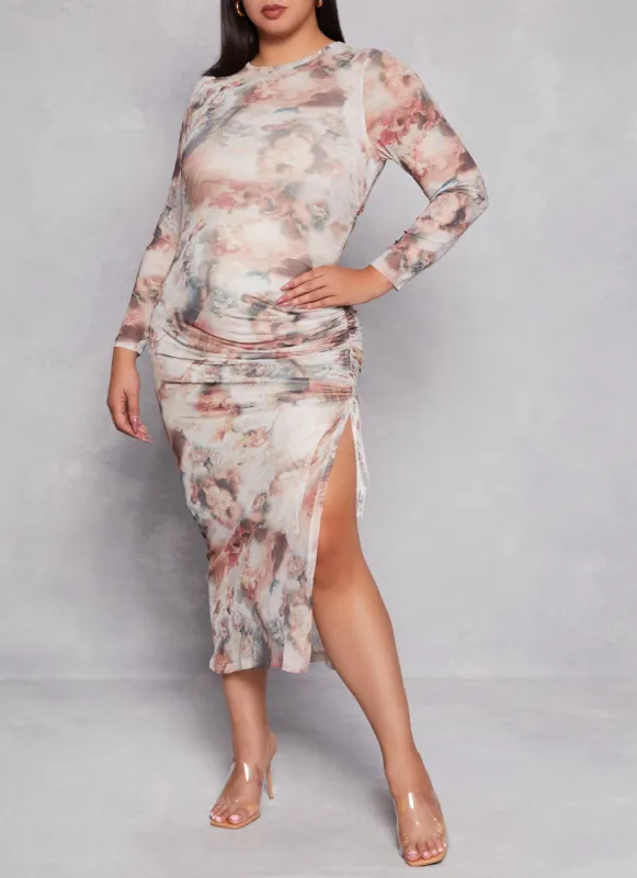 Plus Size Almost Famous Mesh Printed Side Slit Dress sold by Rainbow