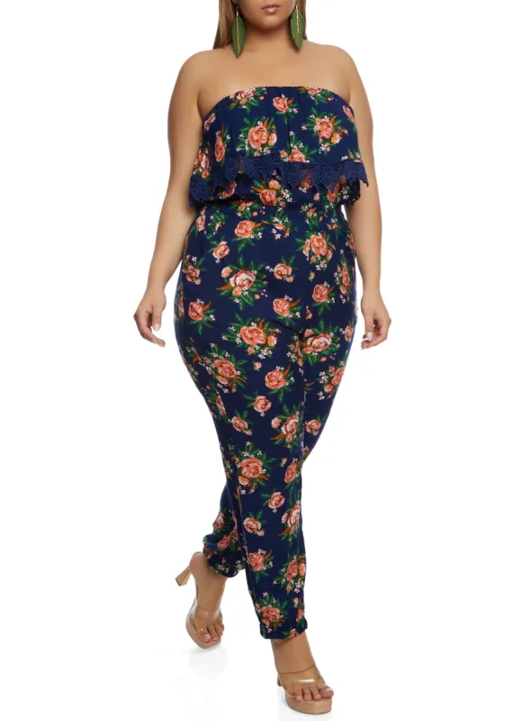 Plus Size Floral Print Crochet Detail Strapless Jumpsuit sold by Rainbow