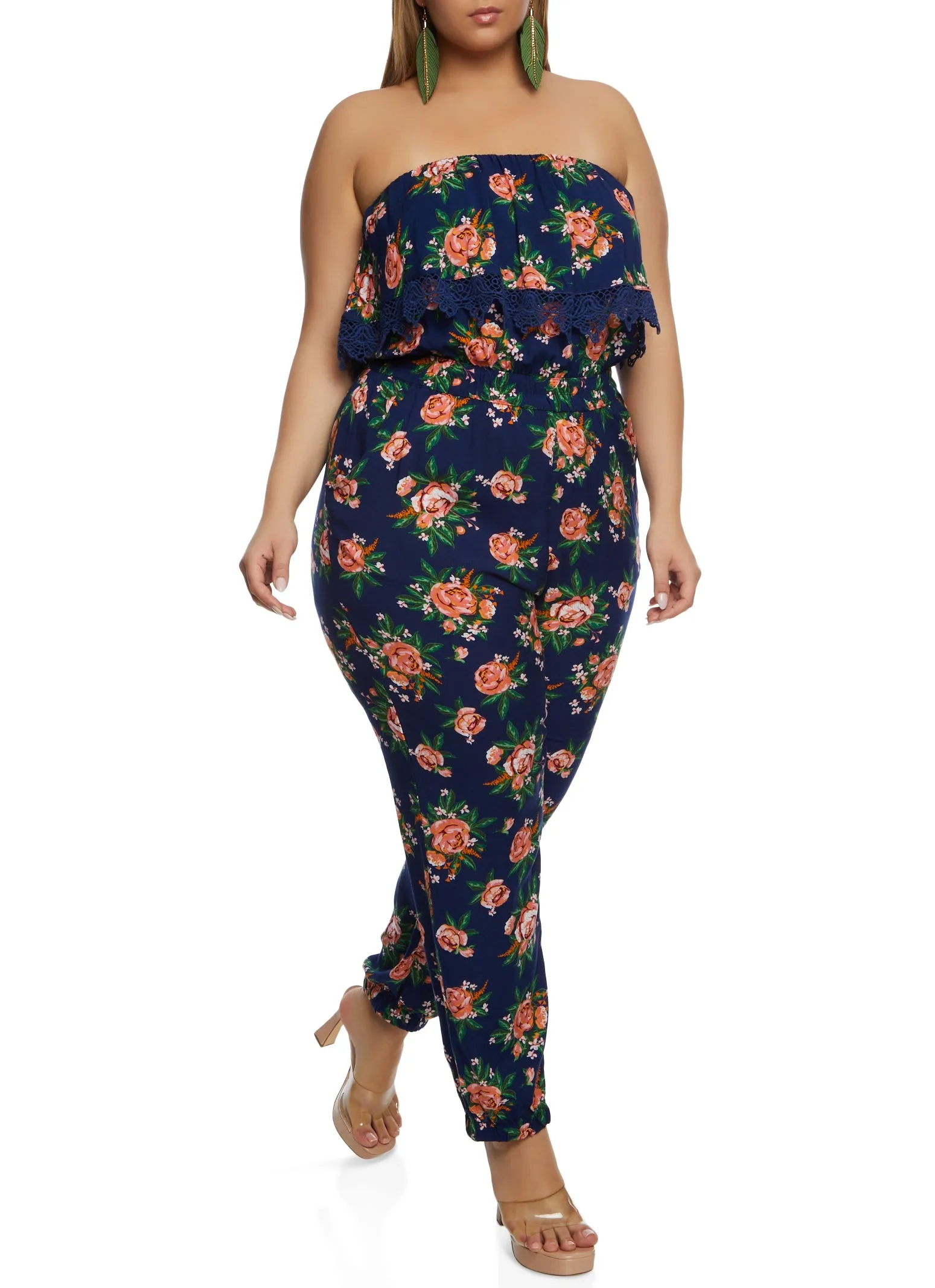 Plus Size Floral Print Crochet Detail Strapless Jumpsuit sold by Rainbow